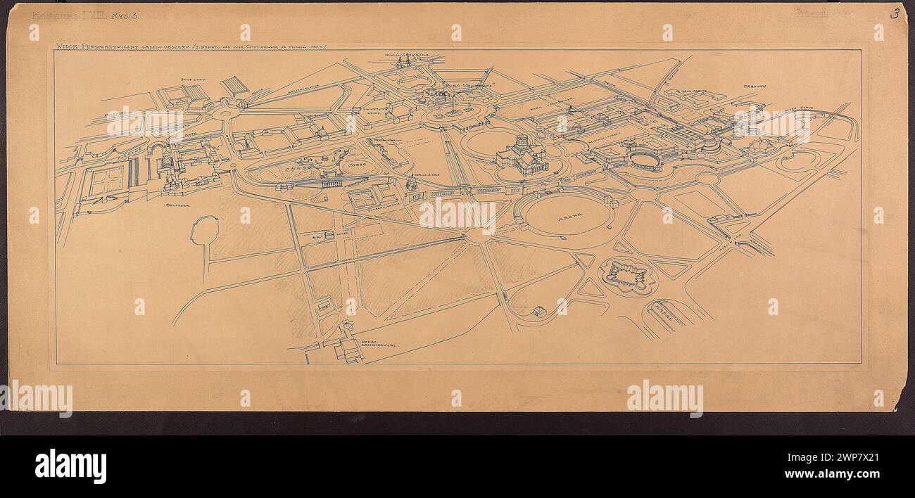 Un concorso architettonico del 1919 di Oskar Sosnowski per lo sviluppo di Ujazdów, Belvedere e delle aree circostanti a Varsavia, che mostra progetti di pianificazione urbana prospettica. Foto Stock