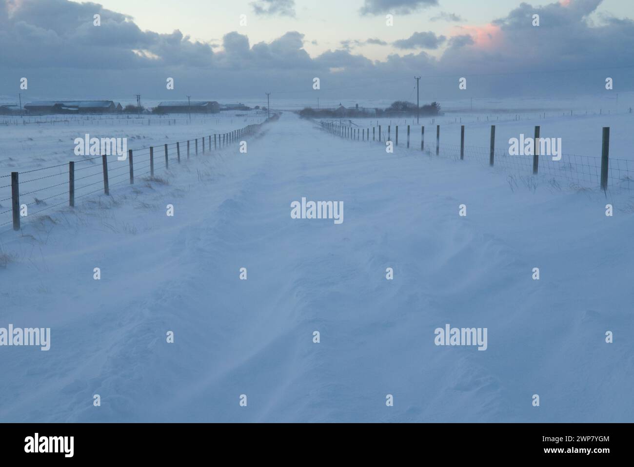 Alla deriva della strada che blocca la neve, Orkney Isles Foto Stock