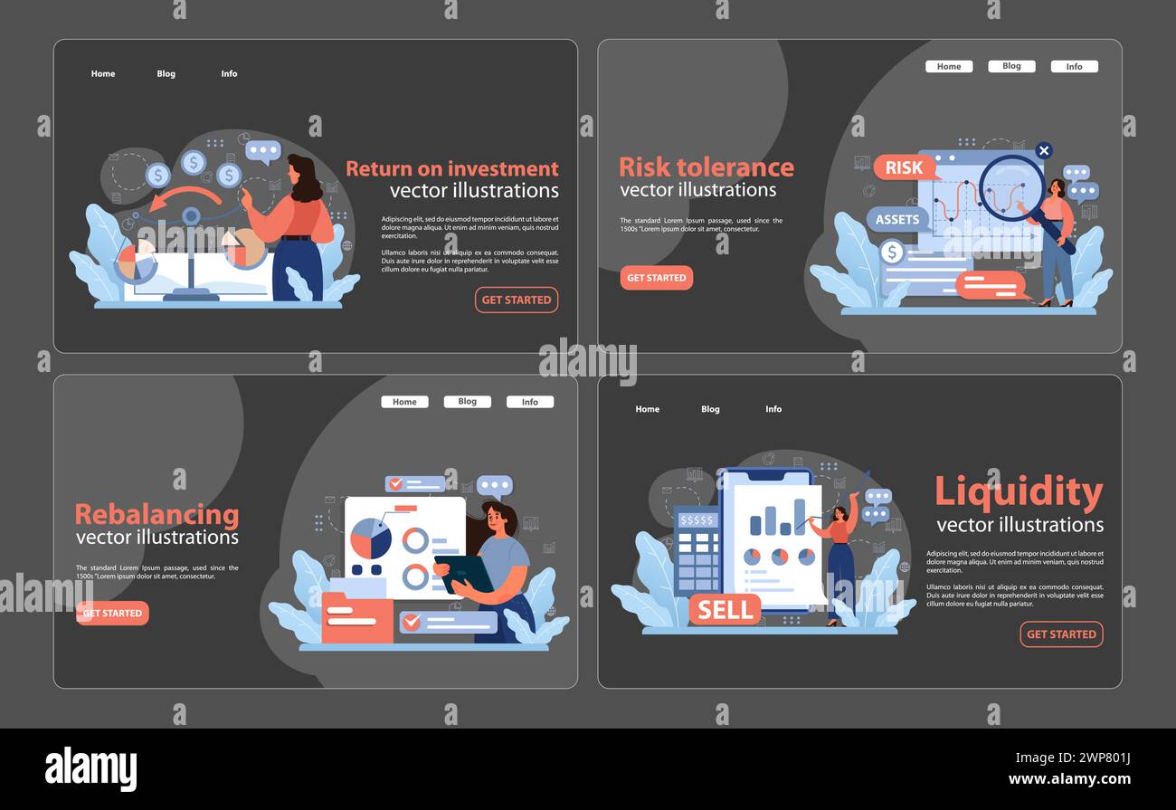 Set finanziario. Approfondimenti sulla crescita del ROI, sulla valutazione della tolleranza al rischio, sul ribilanciamento della strategia e sul mantenimento della liquidità. Analisi di grafici finanziari, bilanciamento dei portafogli e valutazione delle risorse. Vettore piatto Illustrazione Vettoriale