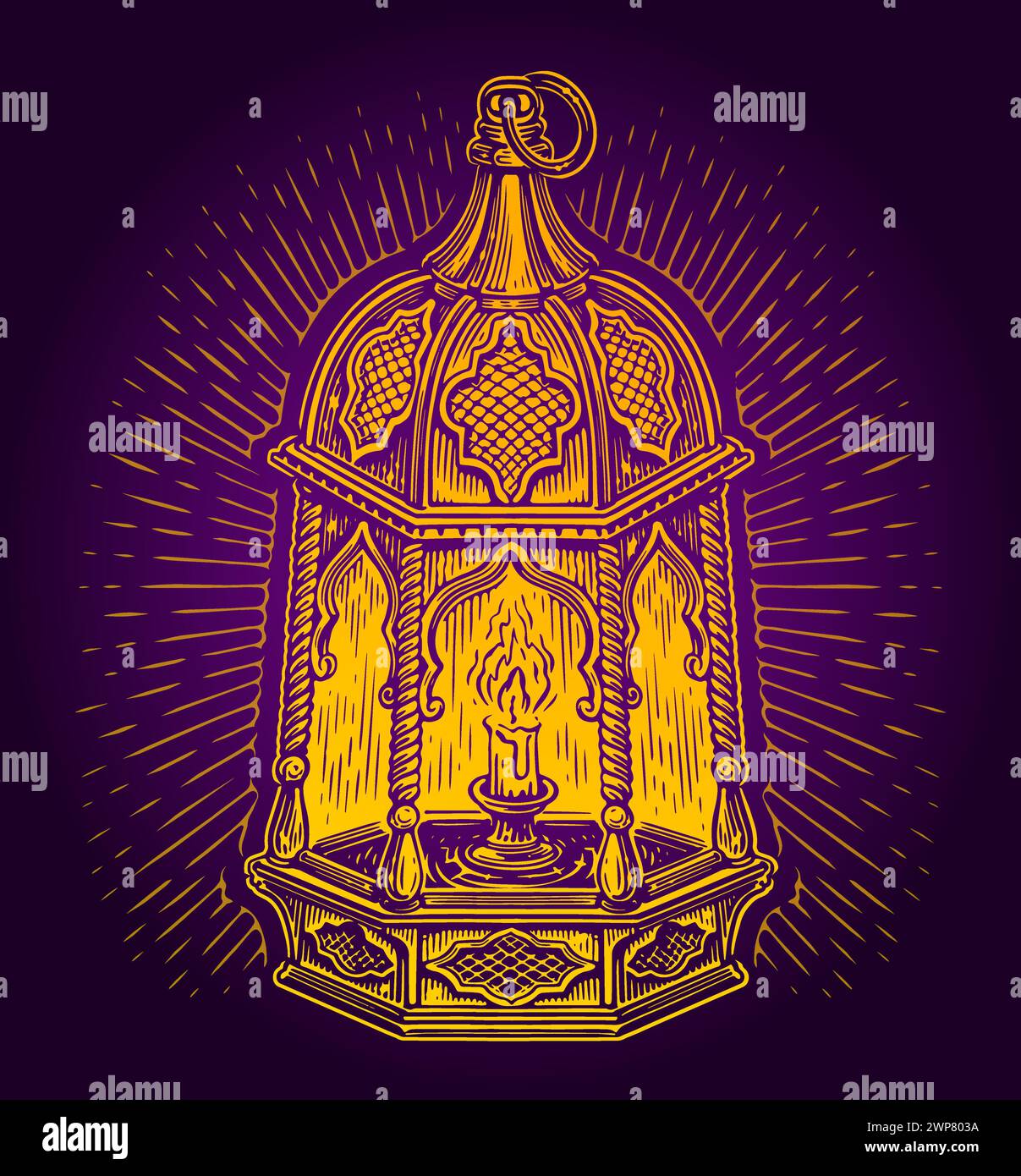 Lampada con candela. Lanterna dorata del Ramadan. Illustrazione vettoriale per l'evento islam digiuno festival Illustrazione Vettoriale