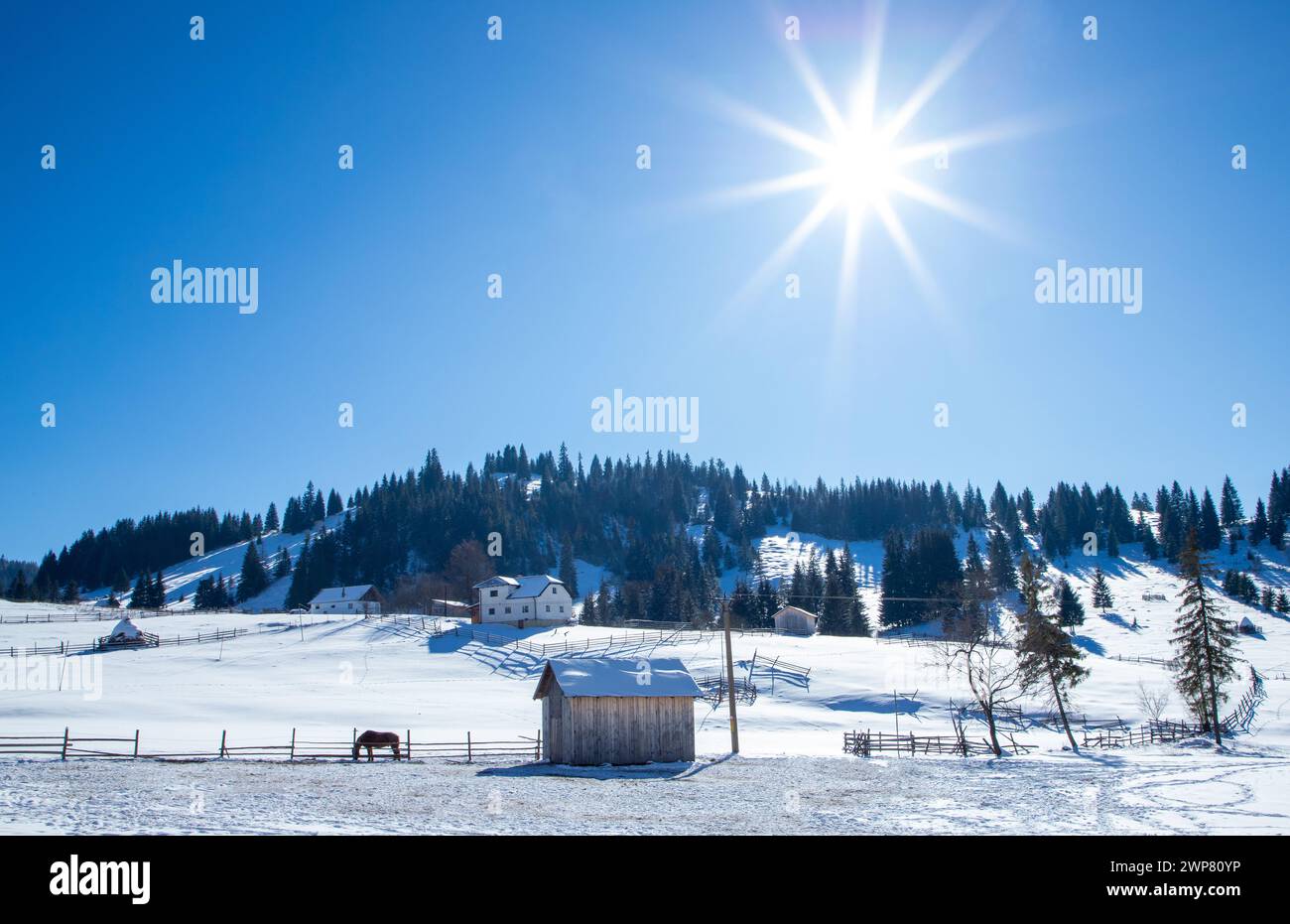 Paesaggio con una famiglia rurale in un villaggio di montagna in inverno. Una casa isolata in campagna su un pendio coperto di neve Foto Stock