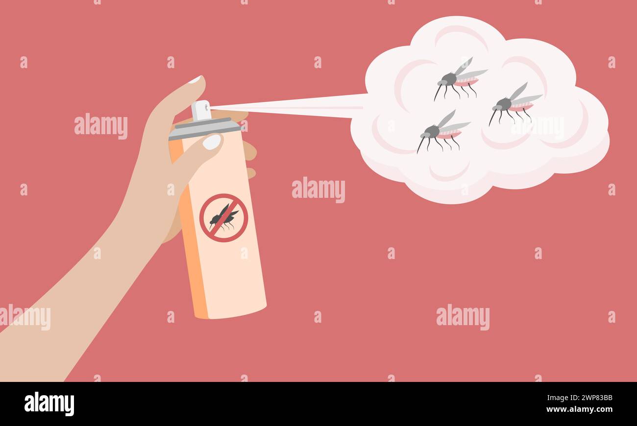 Spray repellente per zanzare. Concetto di febbre dengue o epidemia di malaria. Illustrazione vettoriale. Illustrazione Vettoriale