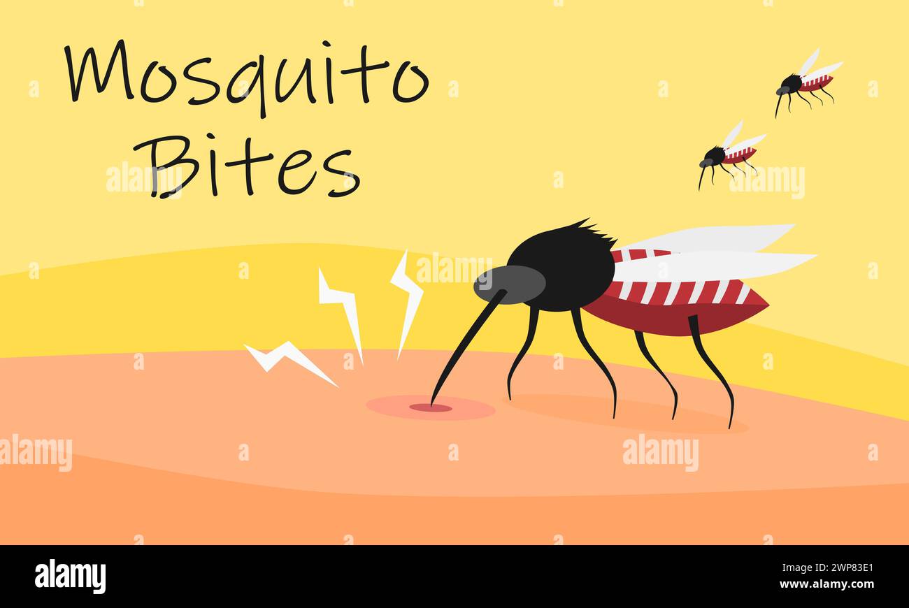 Una zanzara morde la pelle umana. Concetto di febbre dengue o epidemia di malaria. Illustrazione vettoriale. Illustrazione Vettoriale