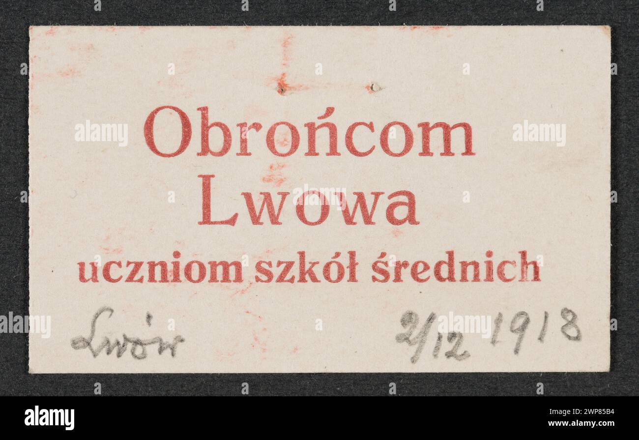 Case print del 1918 che mostra il testo dedicato ai difensori di Leopoli rivolto agli studenti delle scuole superiori, con elementi di design stampati. Foto Stock