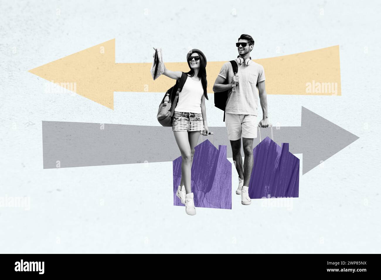 Poster collage fotografico giovane coppia in movimento nuova casa portare valigia valigia valigia acquistare alloggio casa trasferimento direzione freccia Foto Stock