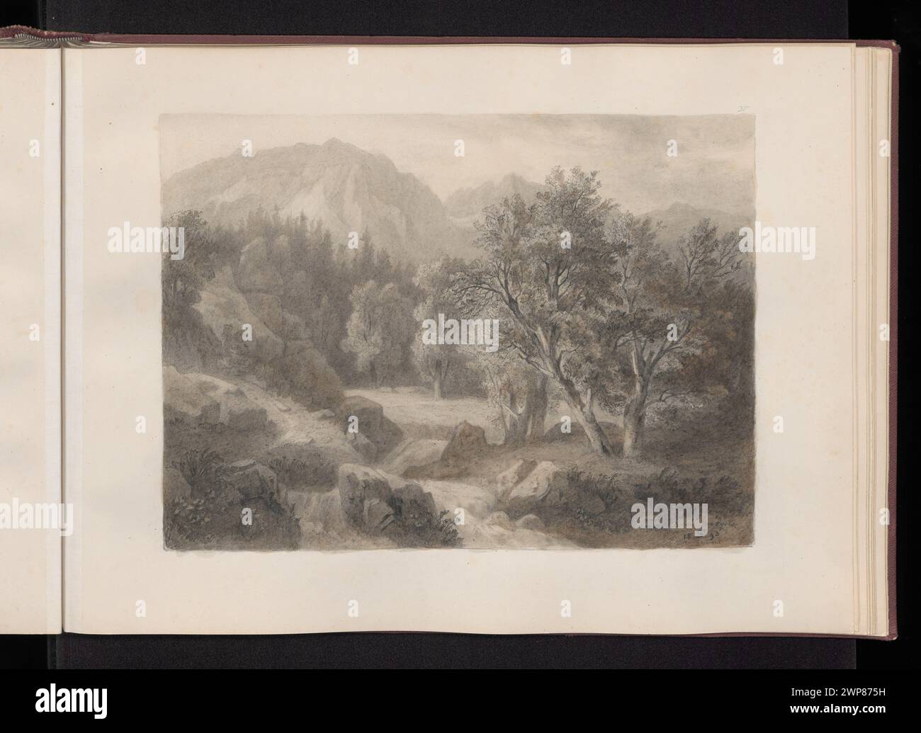Pittura paesaggistica del monte Giewont visto dalla Valle dello Struna da Alfred Schouppé (1812-1899), creato nel 1890, raffigurante alberi, ruscelli e paesaggi montani nei Monti Tatra, in Polonia. Foto Stock