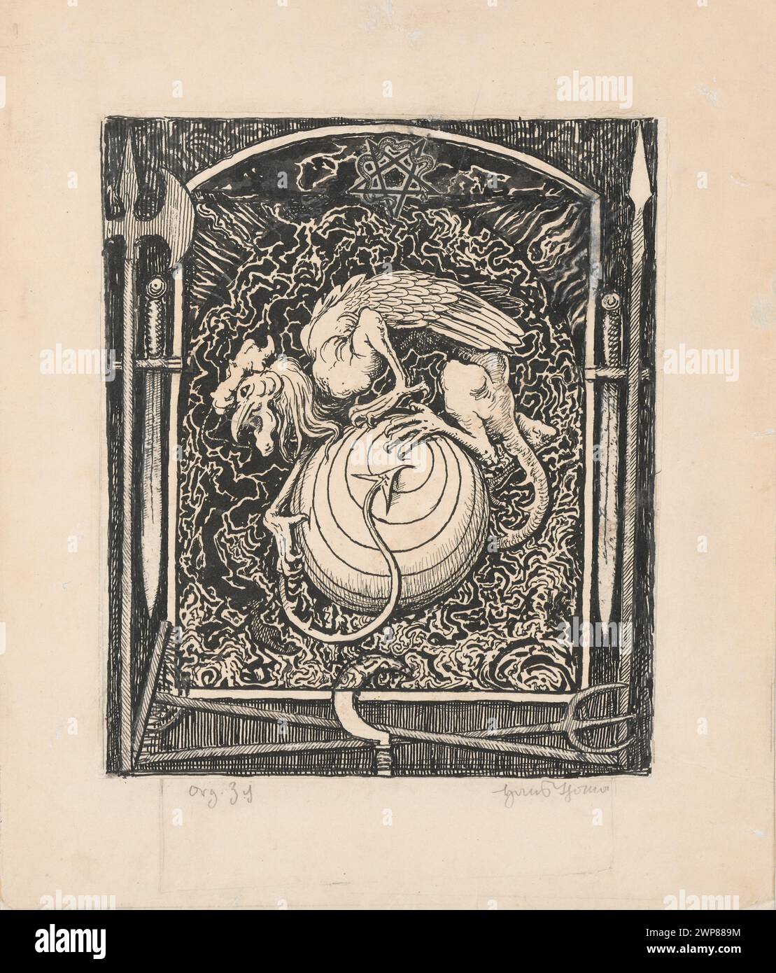 L'illustrazione raffigura una fantastica creatura alata con un gallo che interagisce con le palle, conservata nelle collezioni d'arte tedesche, che mostra soggetti fantasiosi. Foto Stock