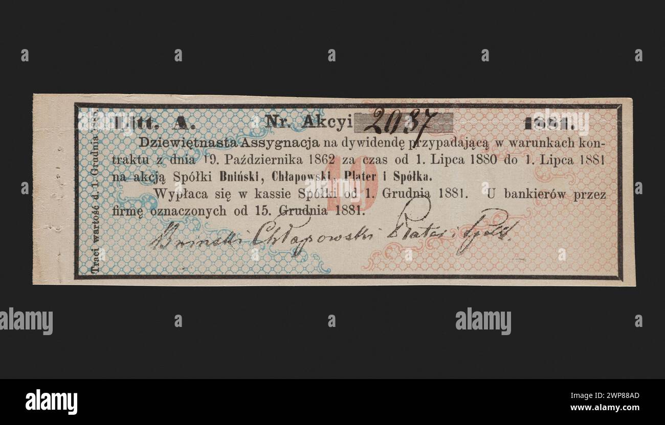 Cedole emesse tra il 1873 e il 1881 per la campagna della società in accomandita Bniński, Chłapowski, Plater, un'entità finanziaria che opera in Polonia. Tali cedole sono state probabilmente utilizzate come parte di uno strumento finanziario, possibilmente correlato a un'obbligazione o a un investimento, per raccogliere fondi per le attività della partnership. Foto Stock
