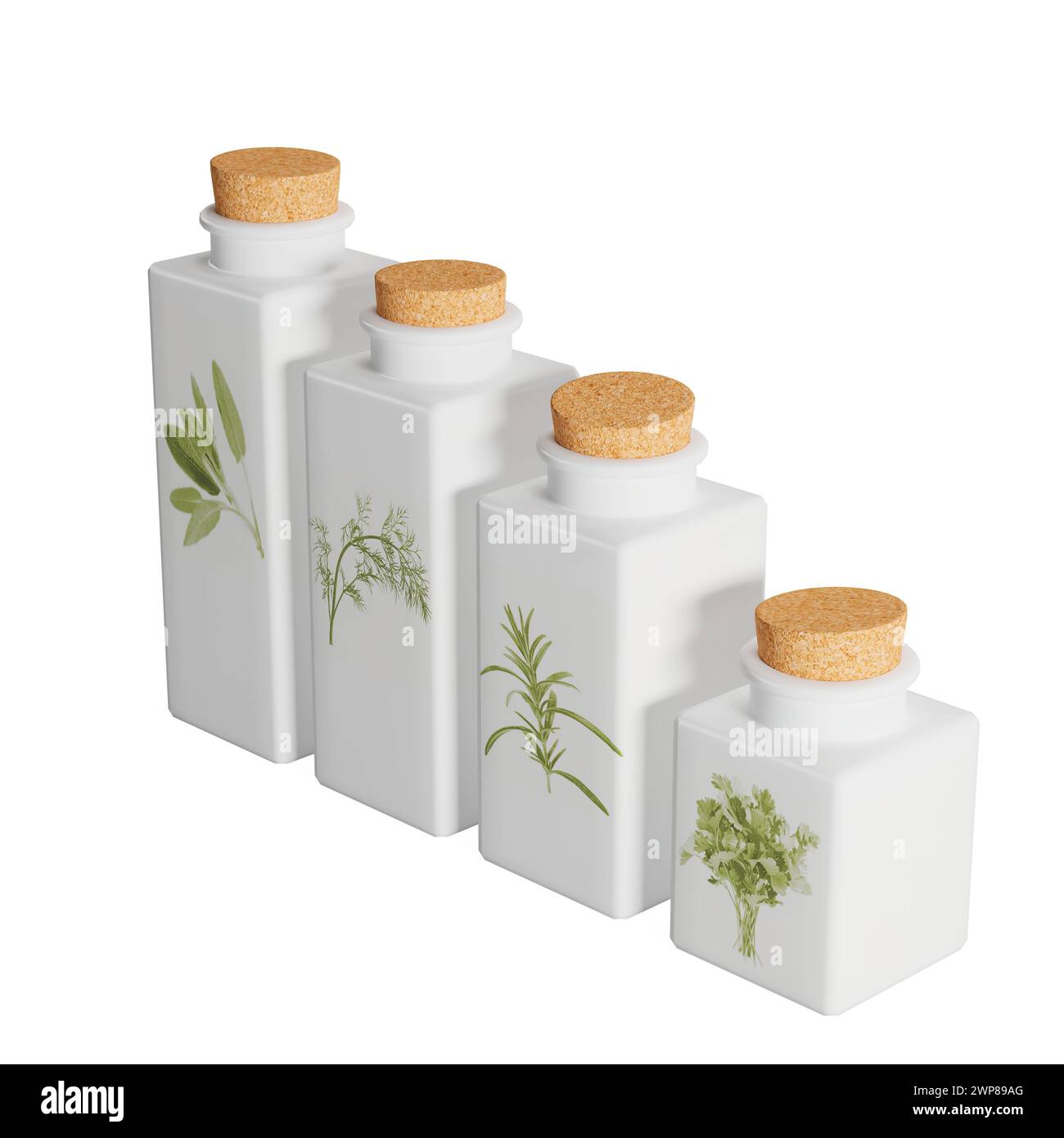 Rendering 3D realistico di flaconi di conservazione bianchi decorati con progetti di piante Foto Stock
