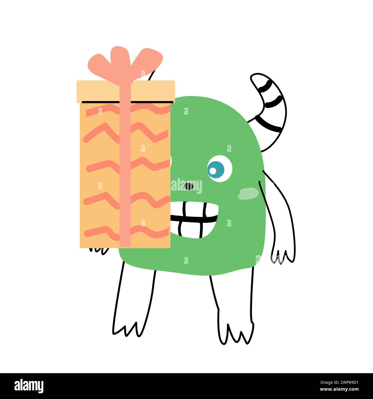 Personaggio bambino mostro verde con confezione regalo. L'illustrazione vettoriale può essere utilizzata per banner, sfondo per il compleanno del bambino, biglietto d'auguri, poster per interni. Taglio Illustrazione Vettoriale