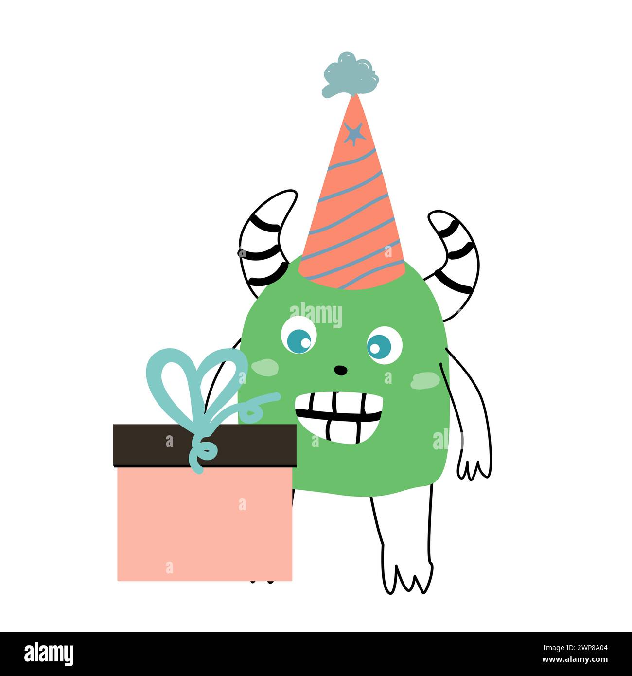 Simpatico personaggio del mostro bambino per il biglietto d'anniversario con cappello di compleanno con regalo. L'illustrazione vettoriale può essere utilizzata per banner, sfondo per il compleanno del bambino e greetin Illustrazione Vettoriale
