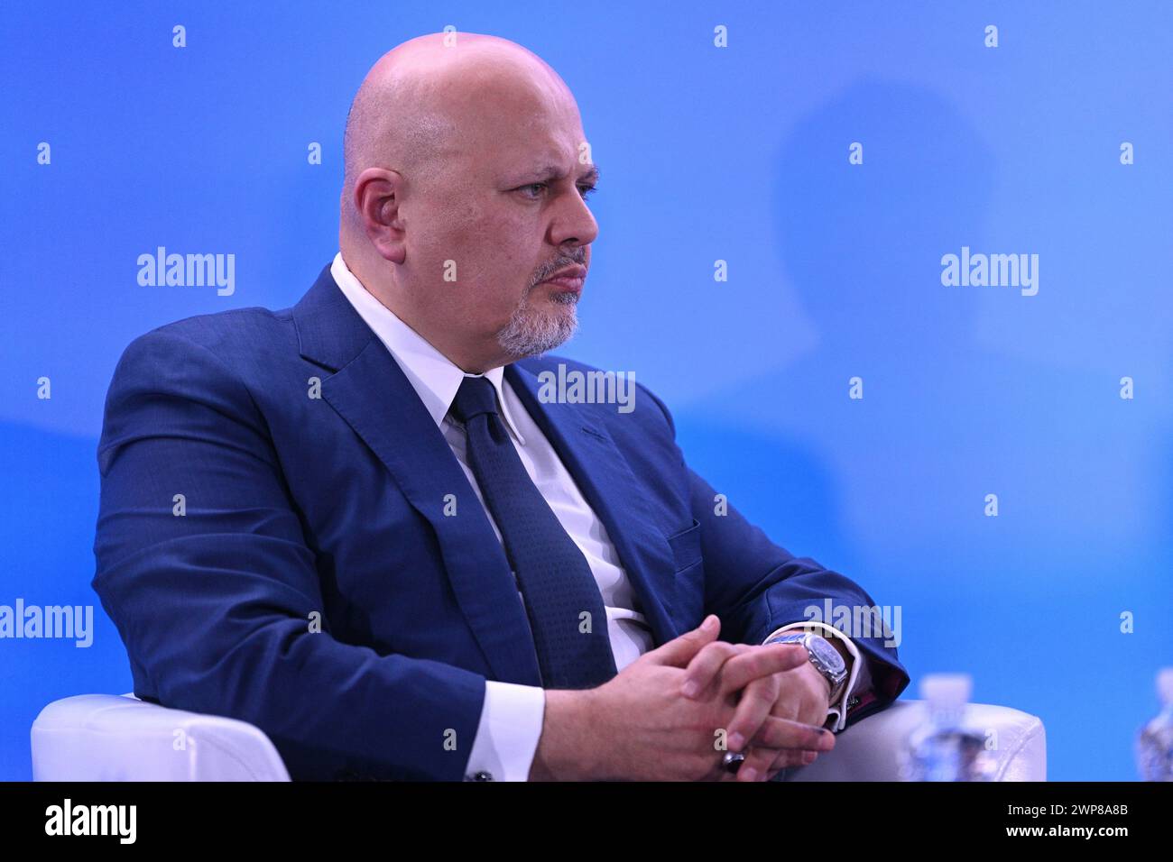 Leopoli, Ucraina - 3 marzo 2023. Procuratore della Corte penale internazionale Karim Khan alla conferenza "Uniti per la giustizia" nella città di Leopoli. Foto Stock