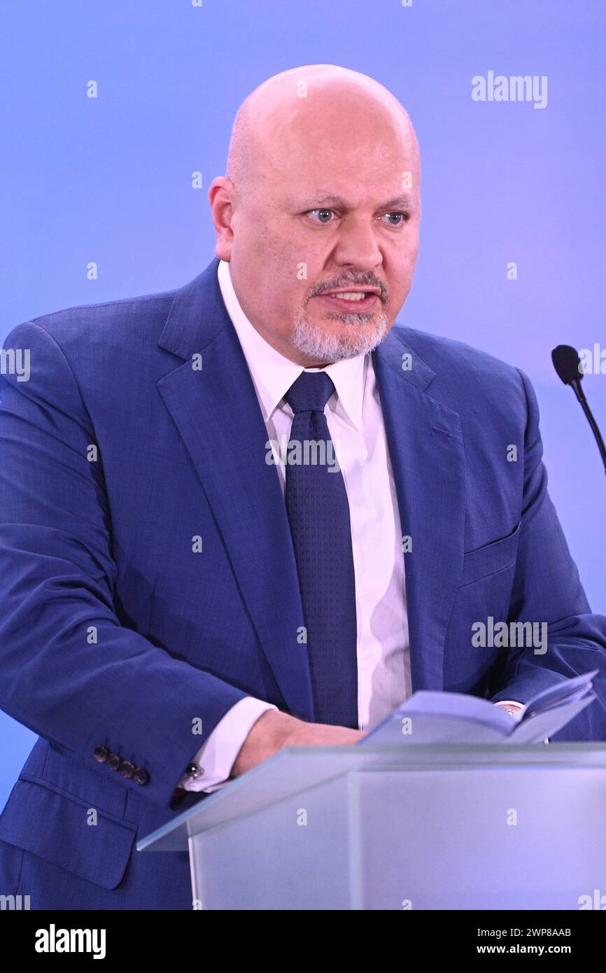 Leopoli, Ucraina - 3 marzo 2023. Procuratore della Corte penale internazionale Karim Khan alla conferenza "Uniti per la giustizia" nella città di Leopoli. Foto Stock