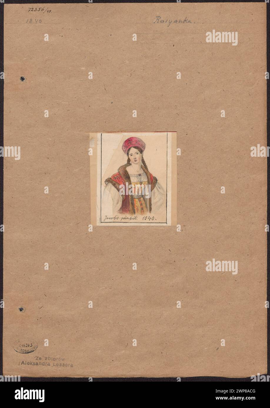 Questa illustrazione del 1840 di Aleksander minore raffigura una donna russa che indossa abiti d'epoca, mostrando un abbigliamento straniero del XIX secolo. L'opera fa parte di una raccolta documentata con provenienza. Foto Stock