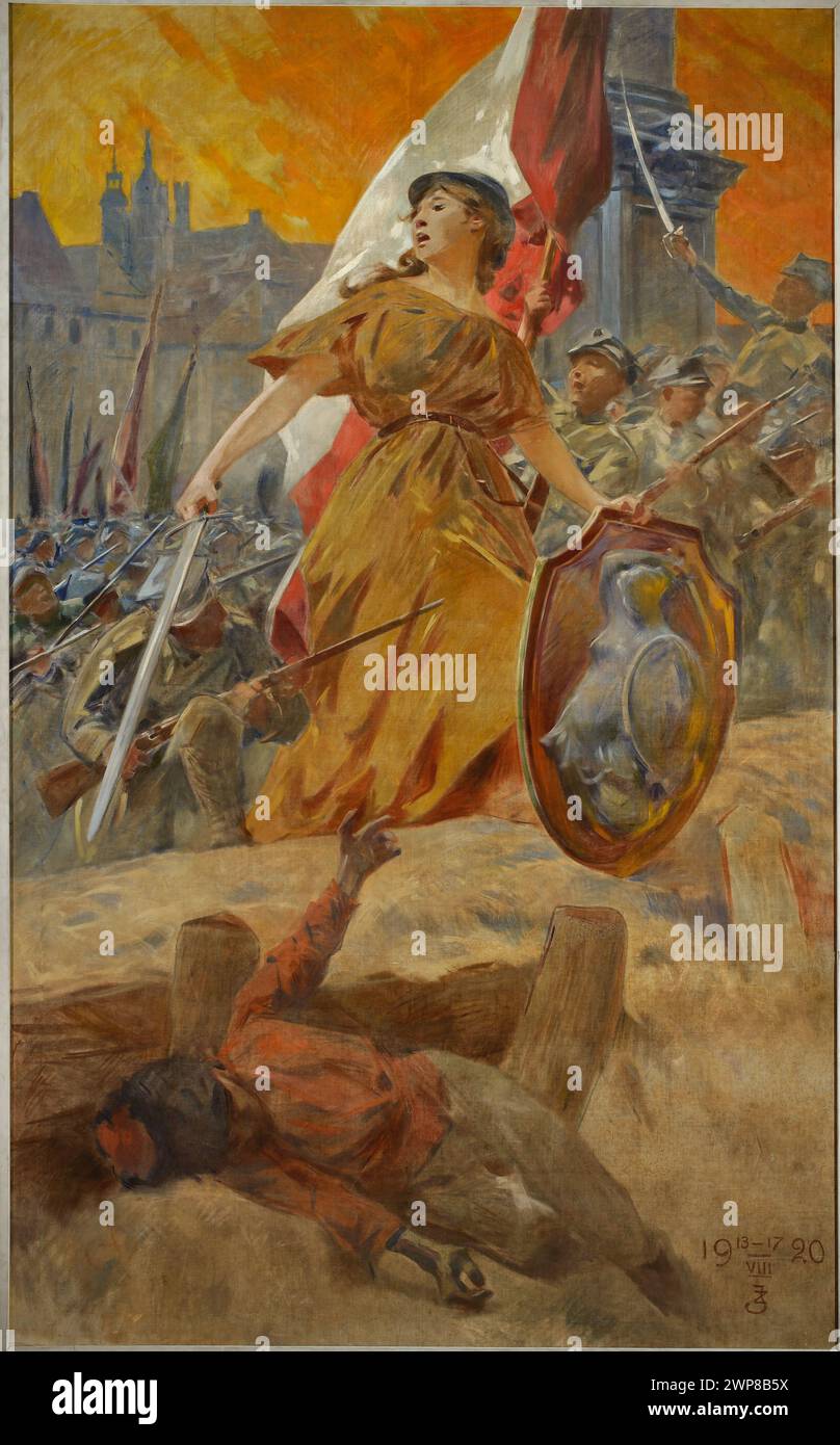 Dipinto allegorico di Zdzisław Jasiński raffigurante la battaglia di Varsavia del 1920, che mostra la colonna di Zygmunt, la città vecchia, lo stemma della Syrena, le bandiere nazionali e i cappelli militari Rogatyki, che rappresentano la vittoria polacca nella guerra polacco-bolscevica. Foto Stock