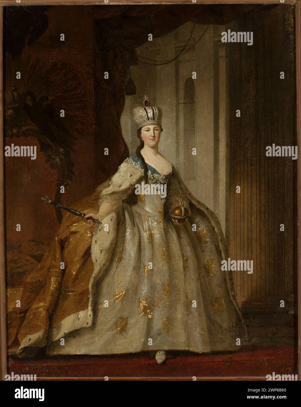 Ritratto dell'imperatrice Katarzyna II di Ivan Argunov, XVIII secolo, che mostra regali reali tra cui scettro, corone e mela reale, nella tradizione pittorica russa. Foto Stock