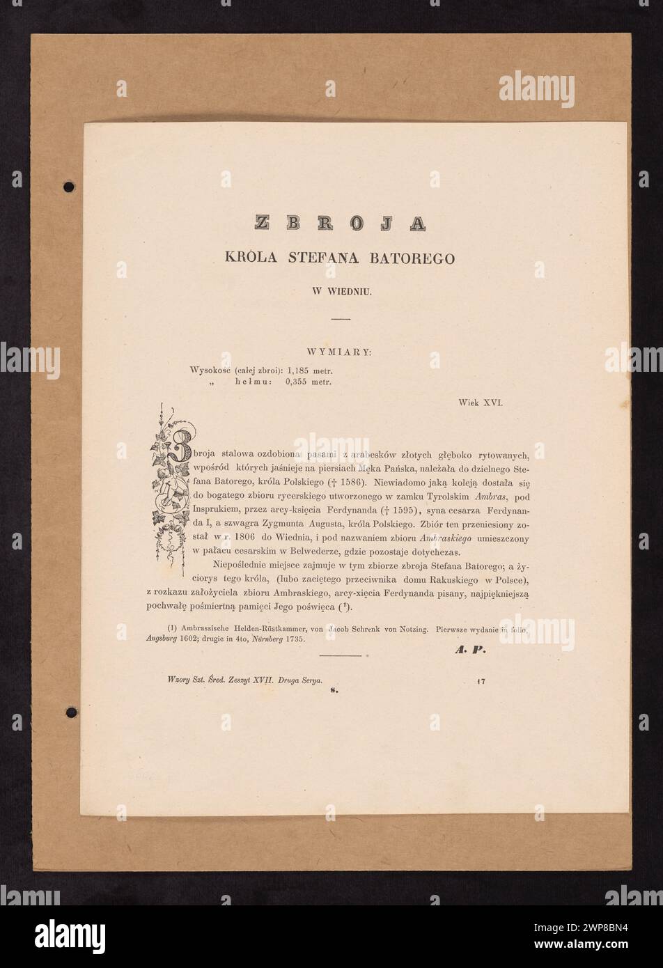 Armatura di re Stefan Batory, design polacco del XVII secolo, documentato a Vienna; illustrato da Aleksander Przedziecki e Edward Rastawiecki in "Patterns of the Redium Art and from the Rebirth Age", Varsavia, 1855-1858, serie 2. Foto Stock