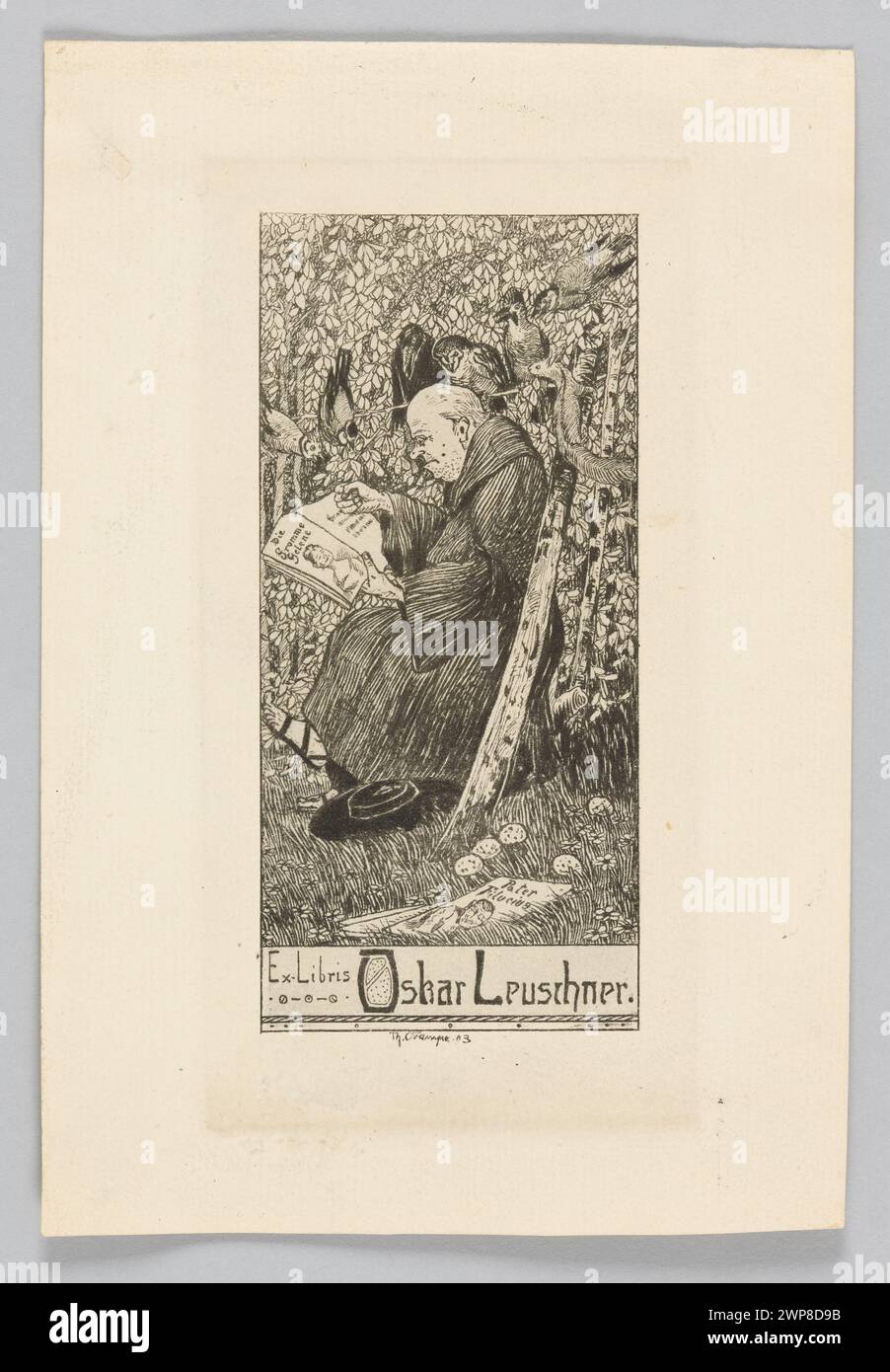 Questa ex libris del 1903 di Theodor Crampe per Oskar Leuschner è una proprietà di segnalibro, che esemplifica le tradizioni bibliofile e grafiche europee dell'inizio del XX secolo. Foto Stock