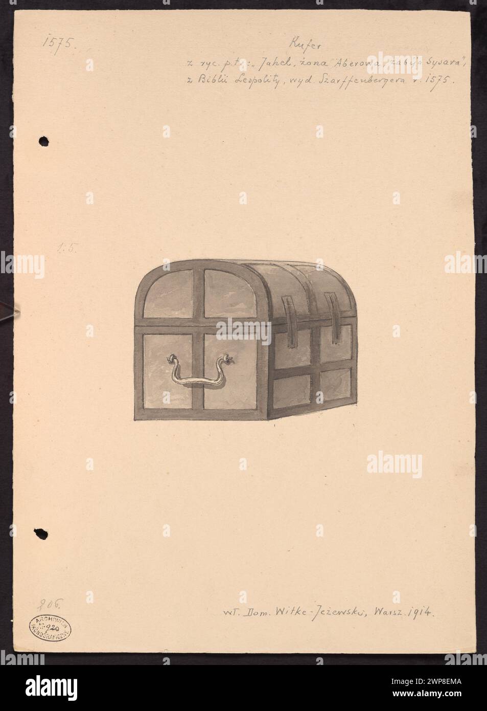 Fotografia di un tronco di figura della Bibbia Leopolita del XVI secolo, Cracovia, che mostra dettagliati lavori in legno e stile illustrativo, dalla collezione di Dominik Witke-Je Ewski, documentata nel 1914 da W. Adys AW Roman Sztolcman. Foto Stock