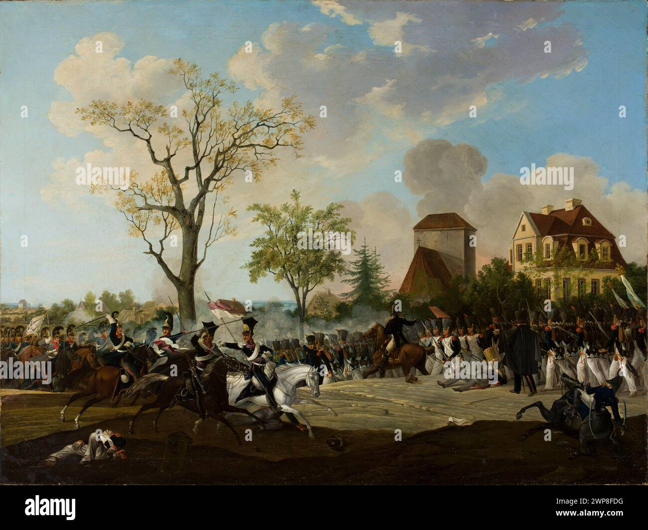 pittura del xix secolo raffigurante una scena di battaglia con più figure, illustrando eventi storici e militari. Foto Stock