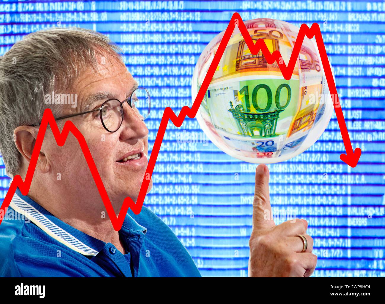 Rentner jongliert Glaskugel mit Geld, Symbolfoto Aktienrente, Altersvorsorge, 2024 Deutschland, München, 2024, Rentner jongliert Glaskugel mit Geld, dahinter Aktienkurse, Symbolfoto Altersvorsorge, Pläne für eine Aktienrente, Kursschwankungen, Blick in die Zukunft, Sparen, Vermögen, Geld, Erspartes, euro, Euroscheine, inflazione, Börse, Aktienkurse, Sparplan, finanzielle Sorgen, Sicherheit, Rentner, Senior, Senioren, alter, vorsorgen, *** pensionato giocherellando palla di vetro con denaro, simbolo foto quota pensione, pensione, 2024 Germania, Monaco di Baviera, 2024, il pensionato giocherà con la palla di vetro con l'ormone Foto Stock