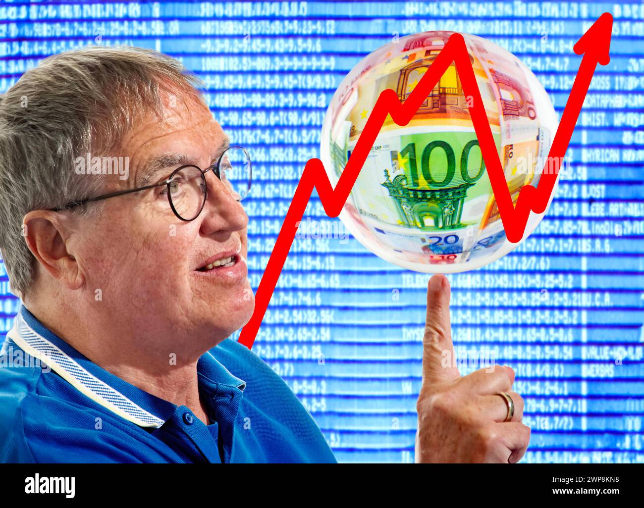 Rentner jongliert Glaskugel, Symbolfoto Aktienrente, Altersvorsorge, 2024 Deutschland, München, 2024, Rentner jongliert Glaskugel mit Geld, dahinter Aktienkurse, Symbolfoto Altersvorsorge, Pläne für eine Aktienrente, Kursschwankungen, Blick in die Zukunft, Sparen, Vermögen, Geld, Erspartes, euro, Euroscheine, inflazione, Börse, Aktienkurse, Sparplan, finanzielle Sorgen, Sicherheit, Rentner, Senior, Senioren, alter, vorsorgen, *** pensionato giocherellando palla di vetro, simbolo foto condivisione pensione, vecchiaia, 2024 Germania, Monaco di Baviera, 2024, il pensionato giocherà la palla di vetro con i soldi, dietro di essa condividerà il pric Foto Stock