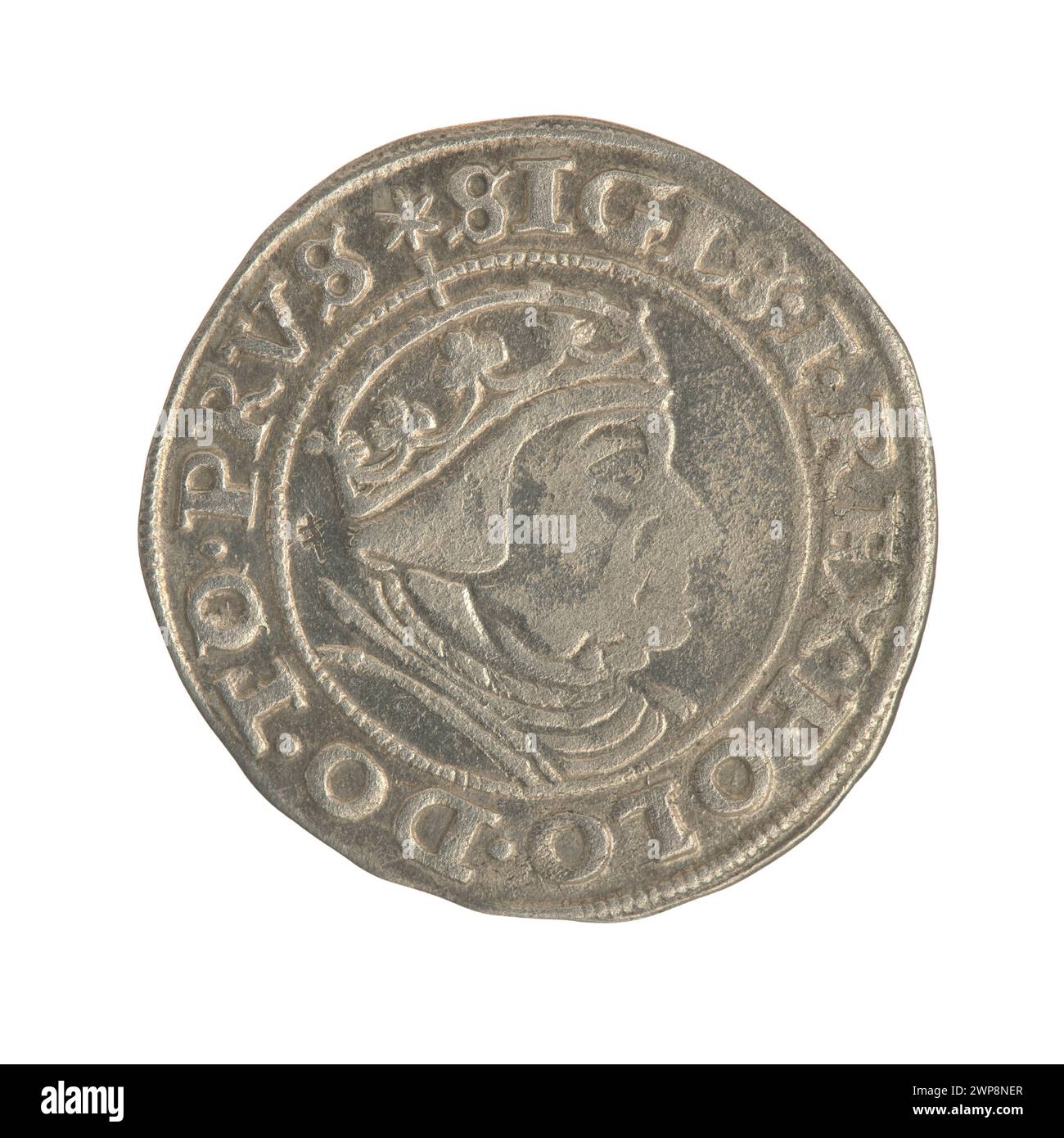 Penny d'argento di Gdańsk coniato nel 1539 durante il regno di re Zygmunt i Stary, mostrando disegni dritto e rovesciato, iscrizioni e caratteristiche della moneta polacca del XVI secolo. Foto Stock