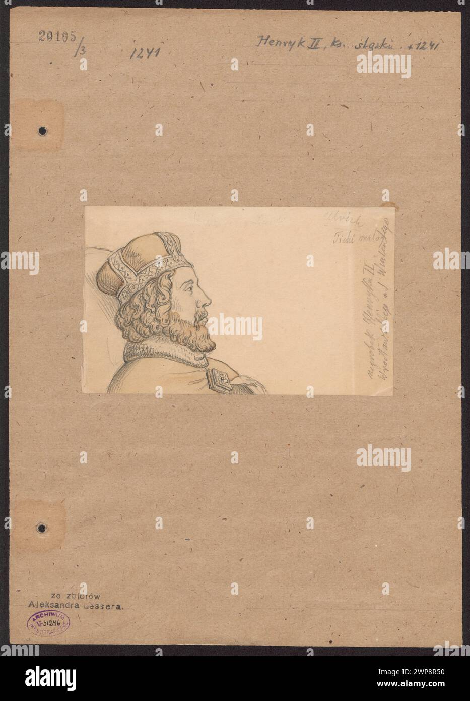 Profilo lapideo di Enrico II Pio, Principe Slesiano (1196-1241), abbozzato da Aleksander Lesser (1830-1884) a Wrocław, che mostra teste scolpite, abbigliamento e iconografia. Foto Stock