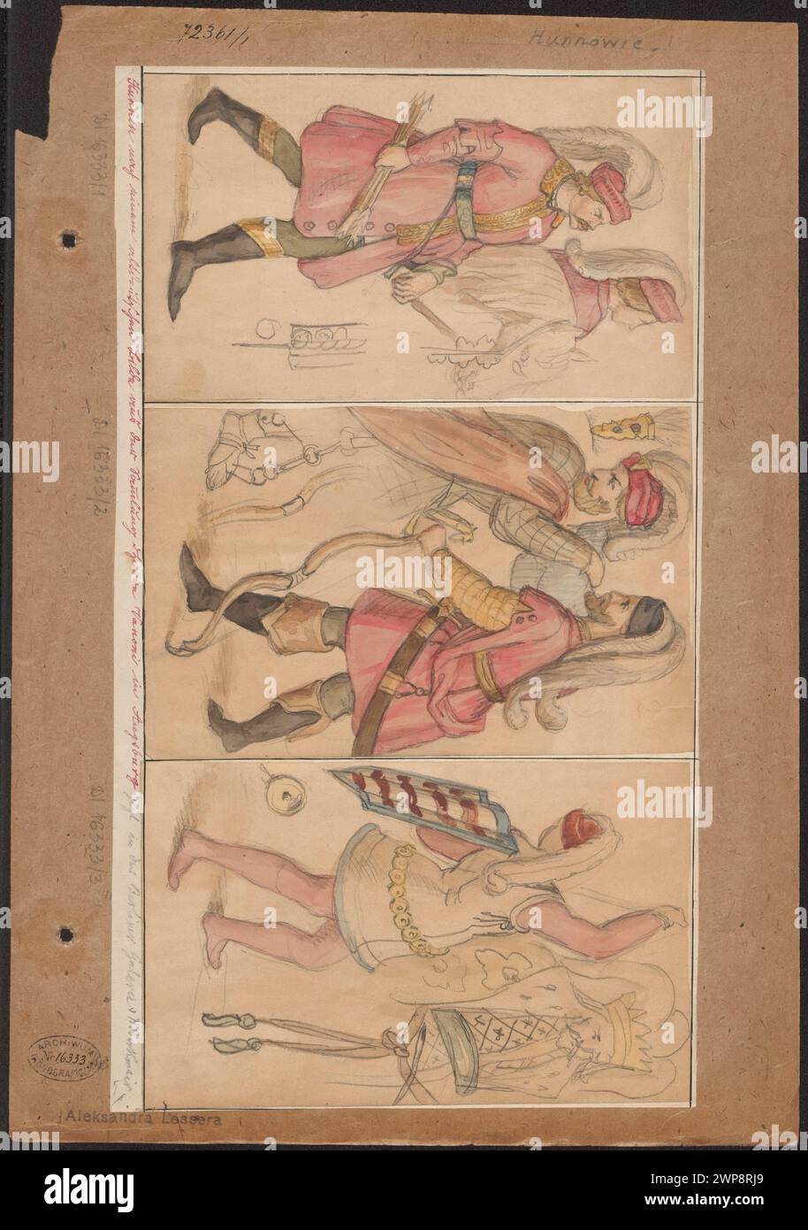 Questo schizzo mostra un guerriero ungherese che guida un cavallo, con una corona visibile, basata sull'incisione di Hans Burgkmair. Fa parte della collezione di Aleksander Lesser e comprende raffigurazioni di soldati ungheresi in abiti da uomo e stranieri. Foto Stock