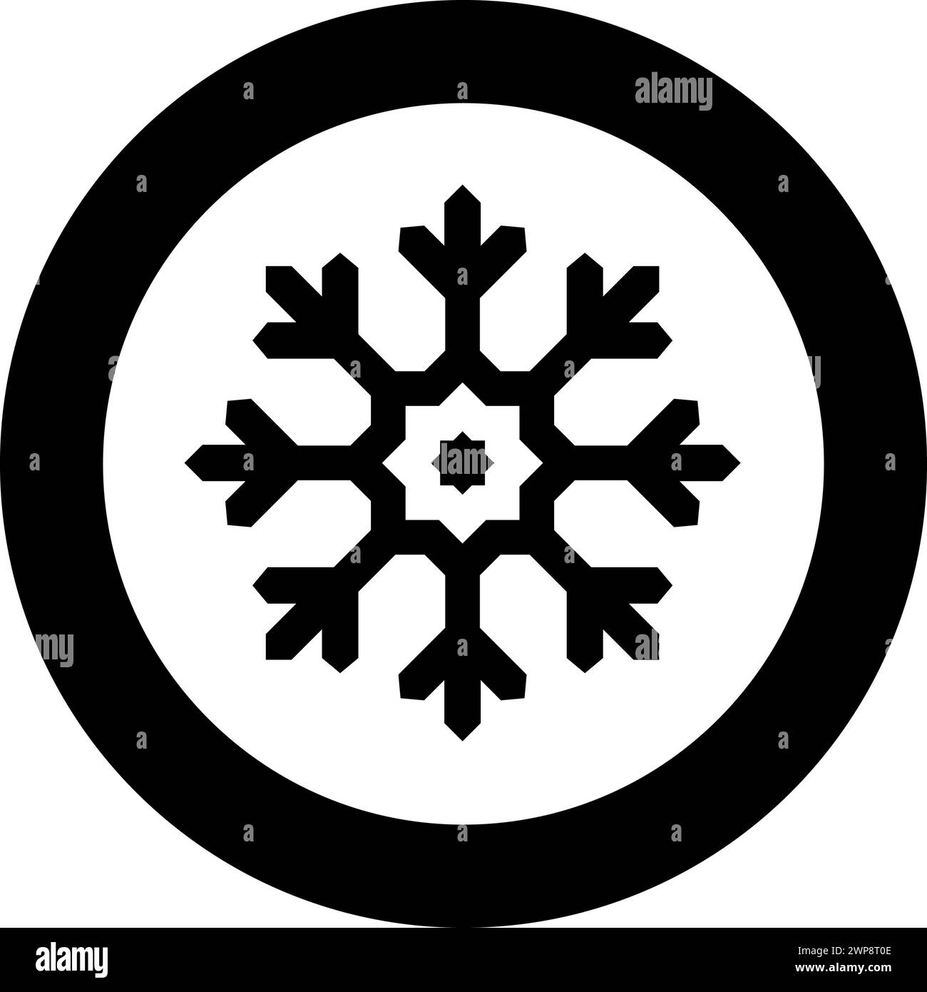 Icona del fiocco di neve in cerchio, colore nero, immagine vettoriale, immagine a tinta unita, stile semplice Illustrazione Vettoriale