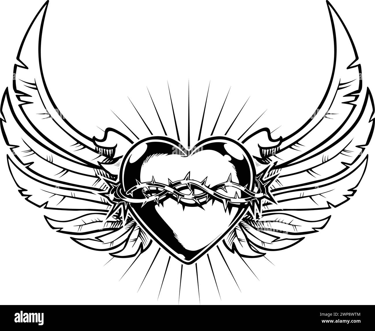 bellissimo cuore d'amore e corona di spine con il vettore delle ali d'angelo isolato su sfondo trasparente Illustrazione Vettoriale