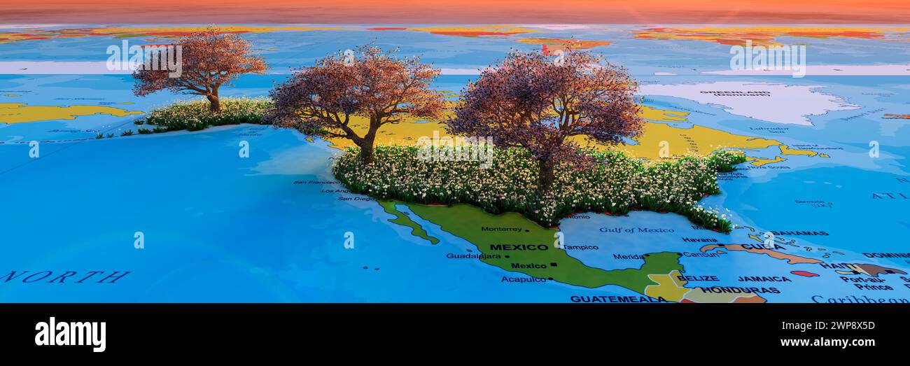 Mappa 3D artistica con alberi in fiore che evidenziano gli Stati Uniti Foto Stock