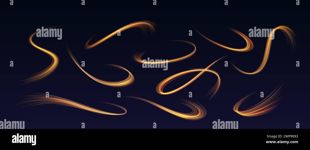 Set di illustrazioni vettoriali realistiche con linee luminose dorate. Il neon ondulato lucido traccia gli elementi 3d su sfondo nero. Modello di effetto scientifico Illustrazione Vettoriale