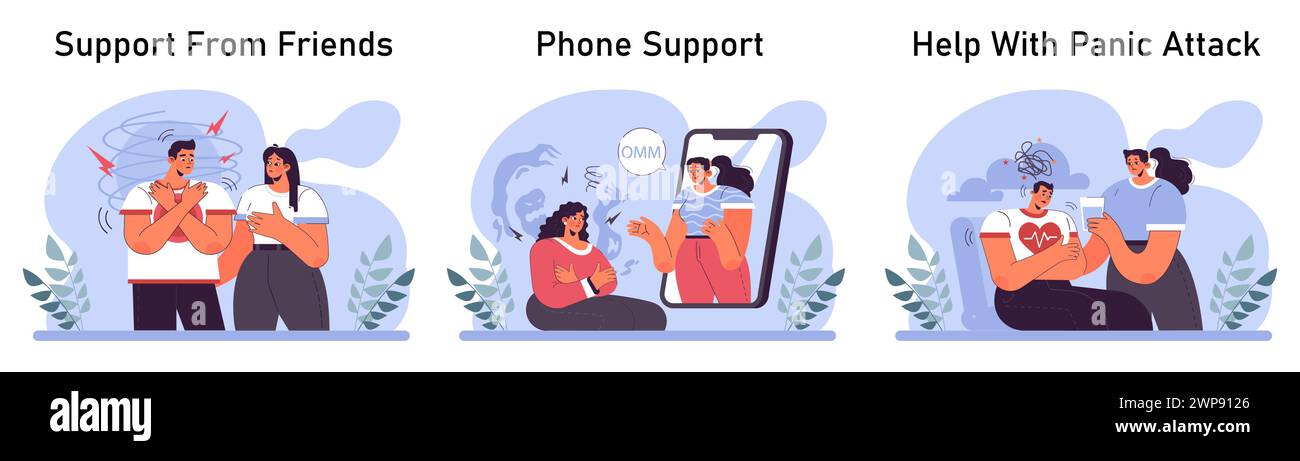 Attacco di panico impostato. Disturbo di salute mentale. Fobia, frustrazione e sollecitazione costante. Psicoterapia e idea di supporto emotivo. Illustrazione vettoriale piatta Illustrazione Vettoriale