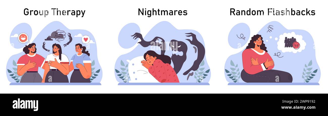 Disturbo da stress post traumatico impostato. Personaggio femminile che soffre di disturbi mentali, che si occupa di disperazione, paura e dolore. Ansia e depressione. Illustrazione vettoriale piatta Illustrazione Vettoriale