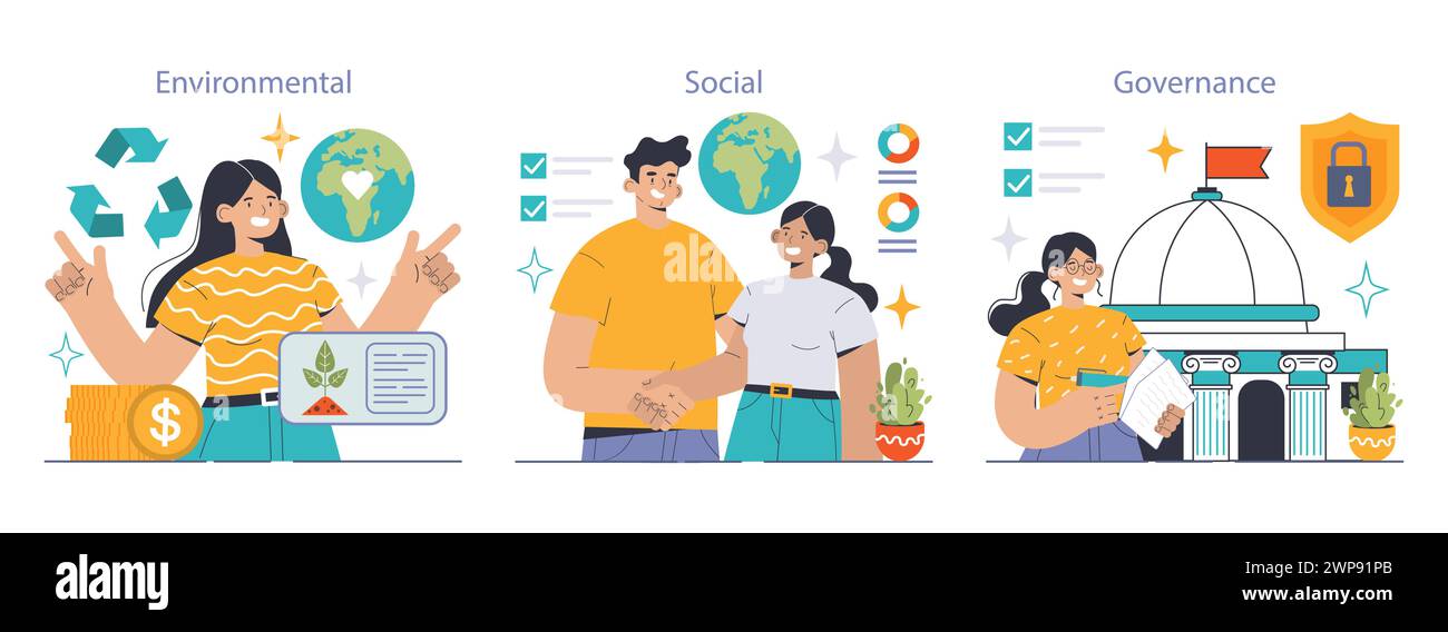 Set di principi ESG. Individui che sostengono il riciclaggio ambientale, l'armonia sociale e la governance sicura. Valori sostenibili, unità della comunità, sicurezza delle istituzioni. Illustrazione vettoriale piatta Illustrazione Vettoriale