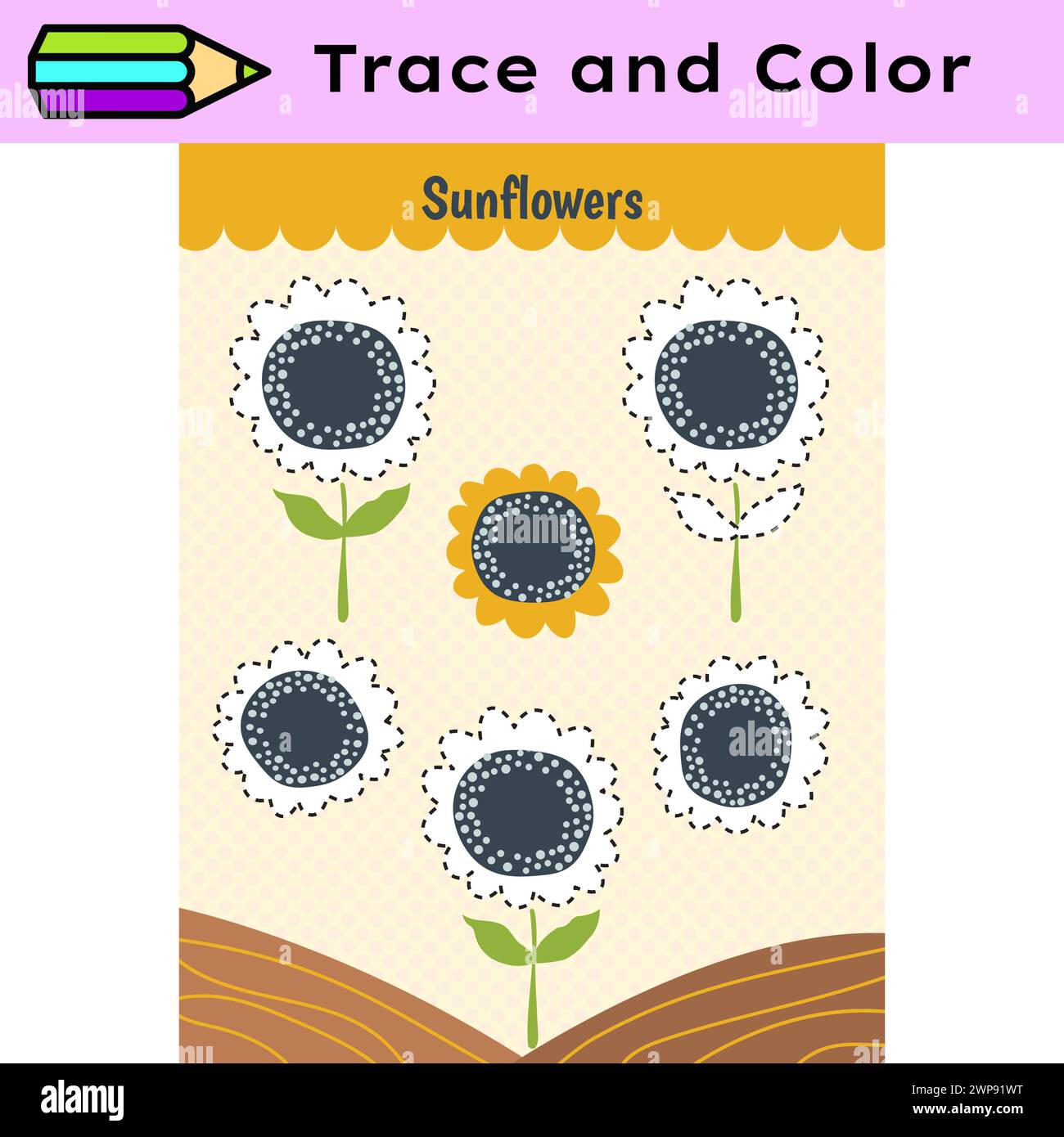 Foglio di lavoro attività linee di traccia penna per bambini. Controllo a matita per bambini che praticano abilità motorie. Foglio di lavoro stampabile per l'istruzione sui girasoli Illustrazione Vettoriale