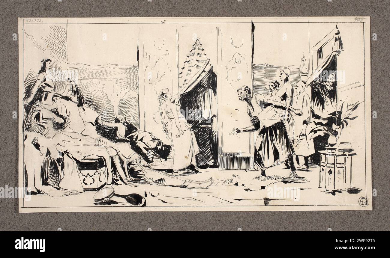 Illustrazione di una scena harem ispirata a mille e una notte, raccolta da Dominik Witke-Jeżewski, che mostra interni orientali, scene di genere e immagini fiabesche, documentate con provenienza e francobolli da collezione. Foto Stock