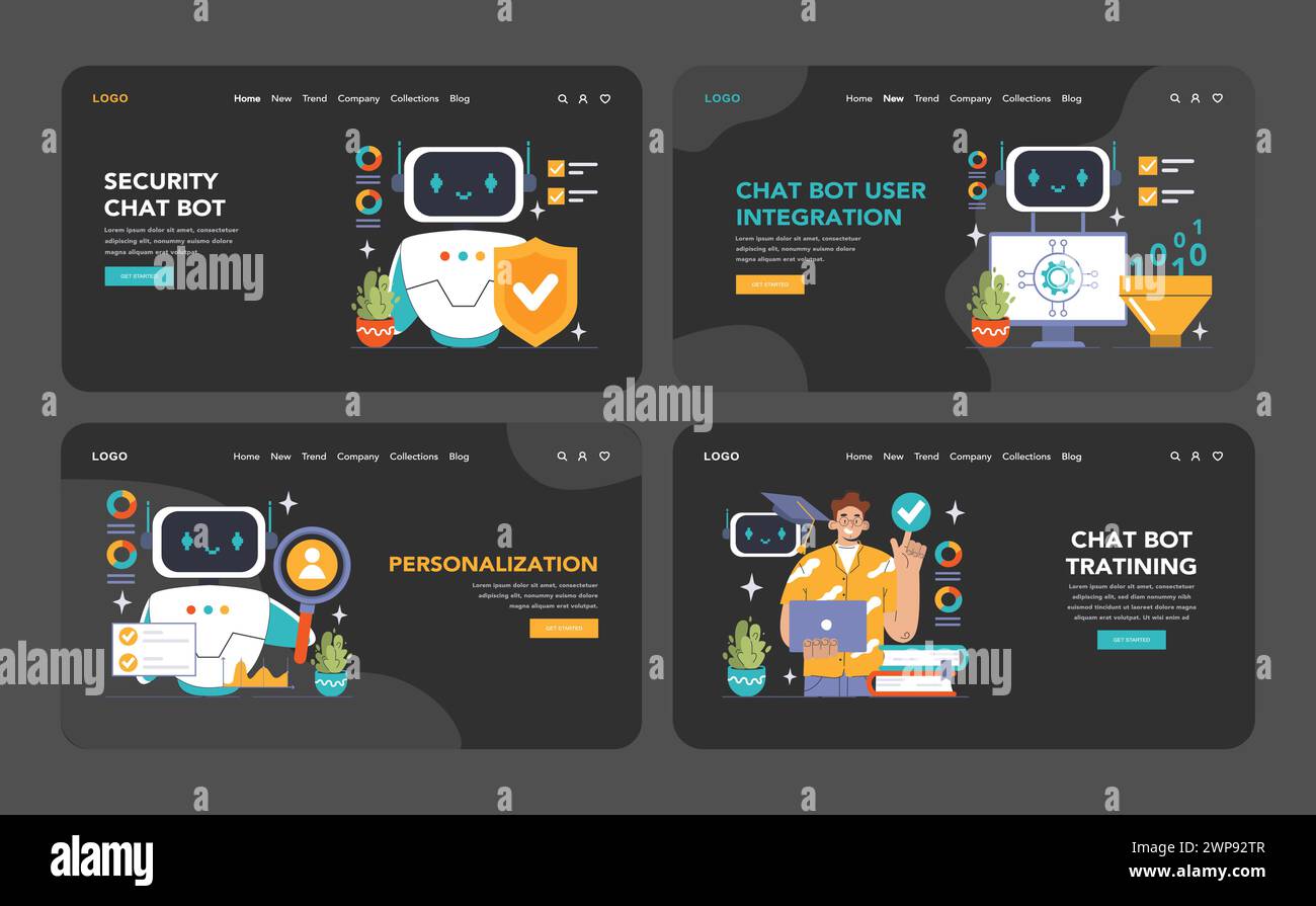 Chat Bot Universe modalità buio o notturna Web, set di atterraggio. Immergetevi nel supporto basato sull'intelligenza artificiale: Motori NLP e personalizzazione. Interagisci con l'integrazione multicanale e le chat sicure. Illustrazione vettoriale piatta Illustrazione Vettoriale