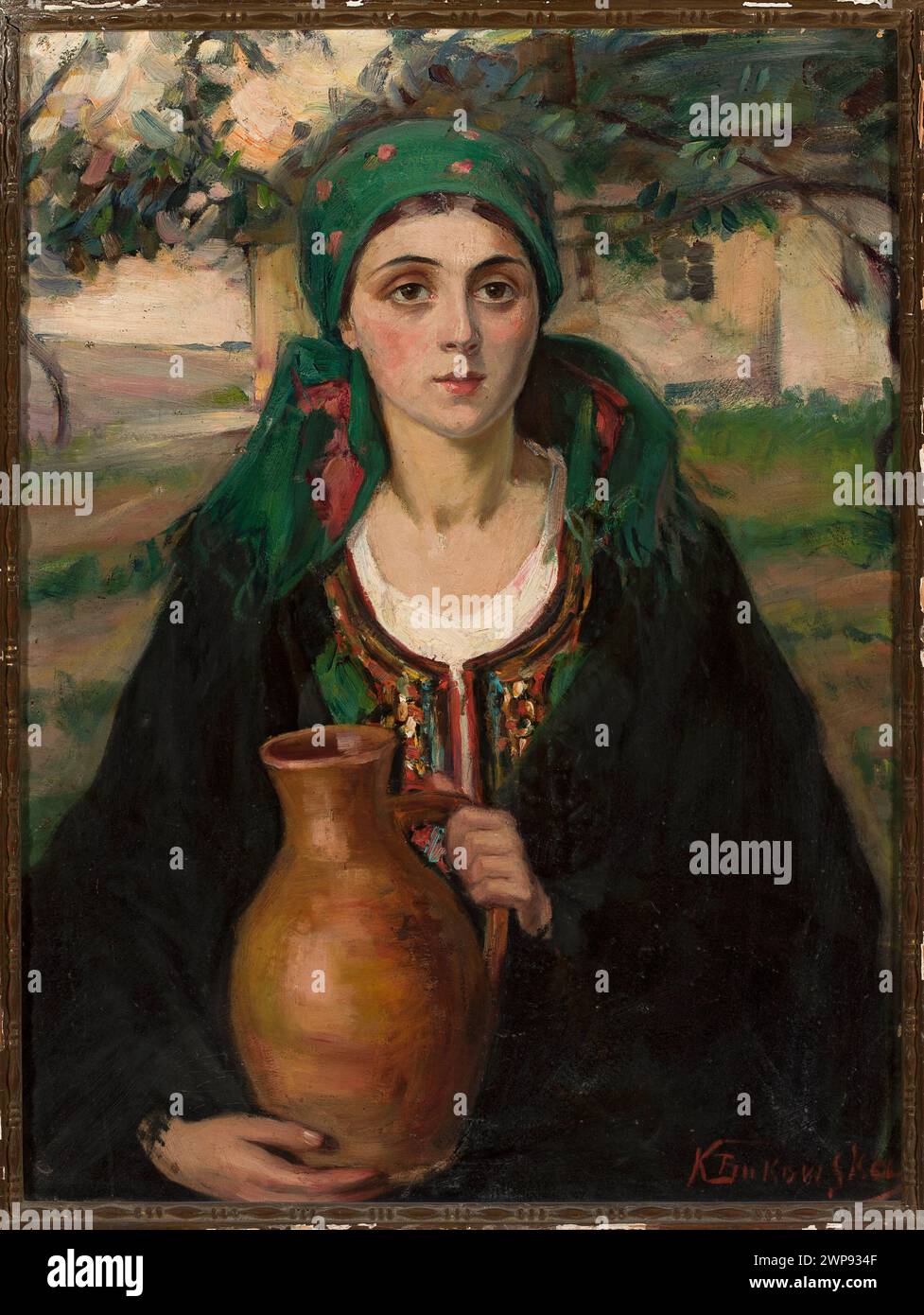 Ragazza rurale con una caraffa; Bukowska, Kamila (fl. 1908-1914); circa 1910 (1910-00-00-1910-00-00); pittura contemporanea, ritratti di donne, costumi popolari Foto Stock