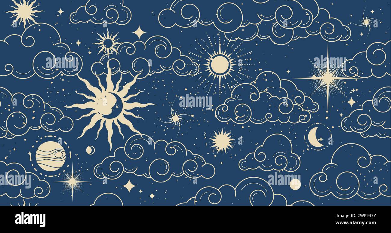 Schema spaziale mistico senza interruzioni con nuvole, sfondo magico astrologico in stile tarocchi, cielo notturno con nuvole e luna, vettore Illustrazione Vettoriale