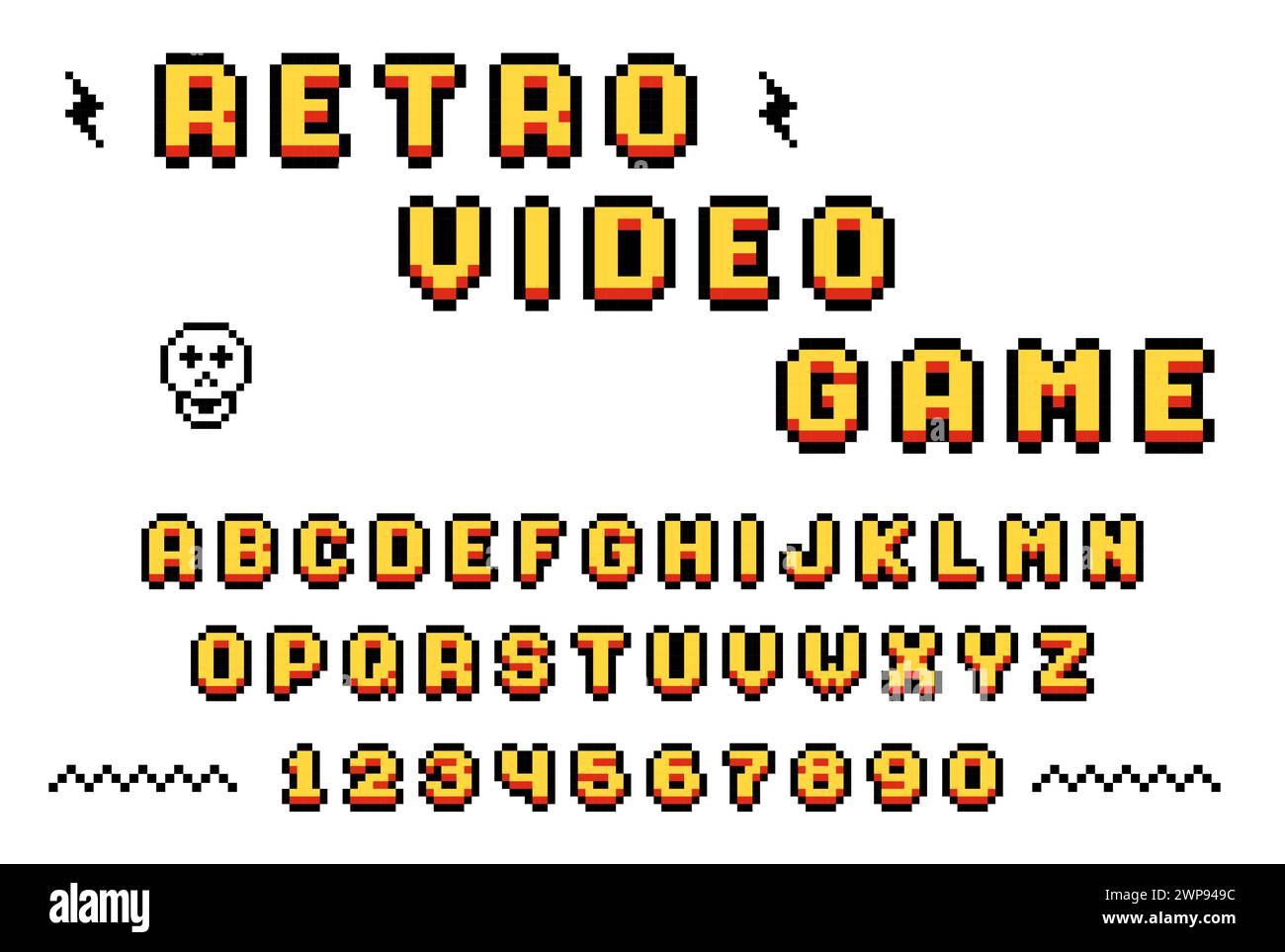Font retro pixel di un vecchio videogioco per computer, lettere e numeri a 8 bit, alfabeto pixel, vettore Illustrazione Vettoriale
