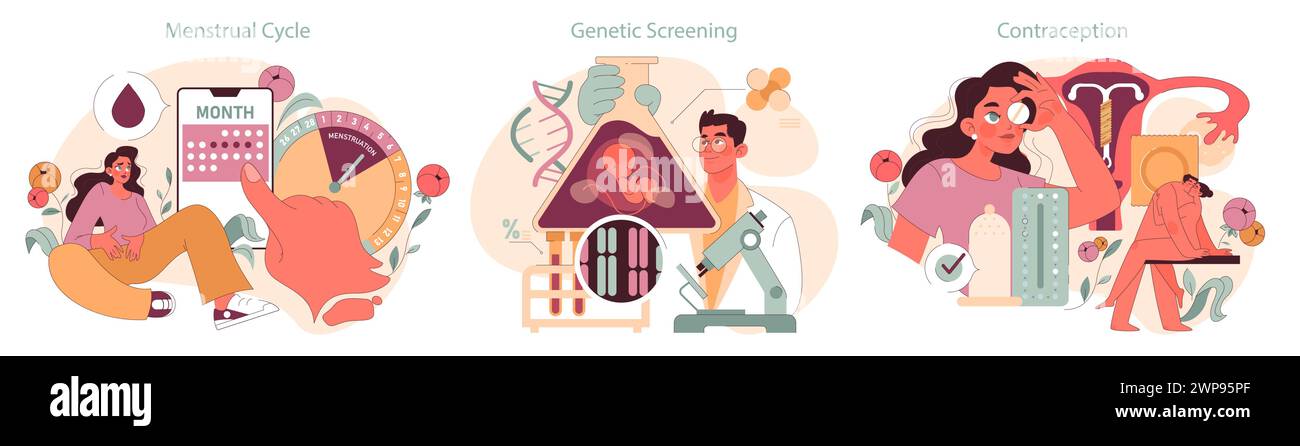 Illustrazioni educative che mostrano un ciclo mestruale femminile, un esperto che esamina lo screening genetico e metodi di contraccezione. Ogni immagine enfatizza la salute personale, le scelte e le conoscenze scientifiche Illustrazione Vettoriale