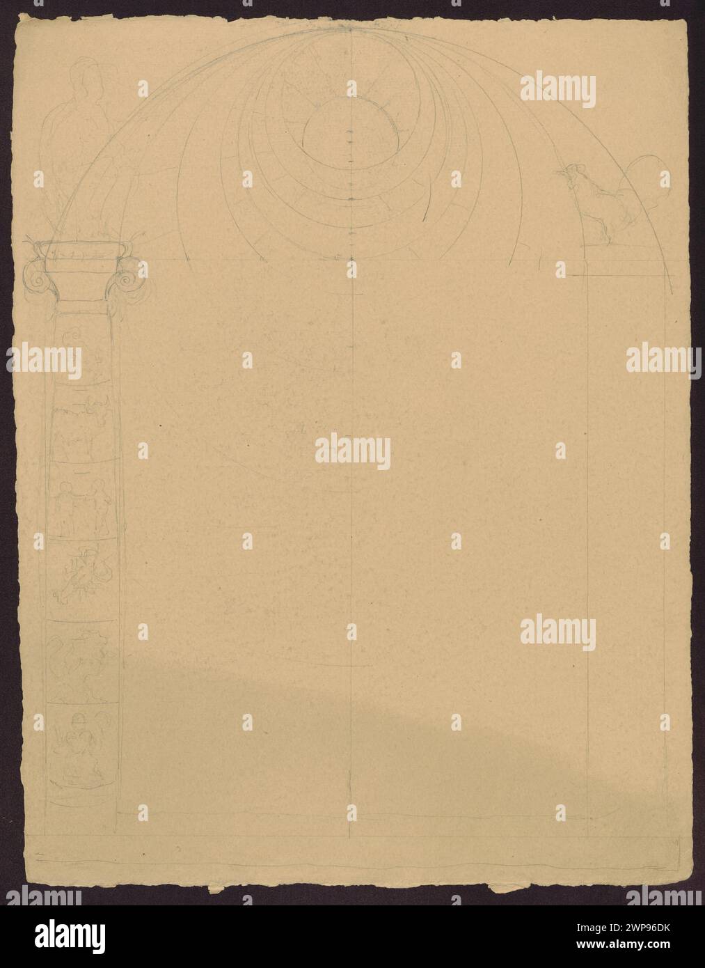 Bozza di pagina per un titolo di calendario creato da Hans Thoma intorno al 1901, che mostra il layout, gli elementi tipografici e il disegno illustrativo preliminare. Foto Stock