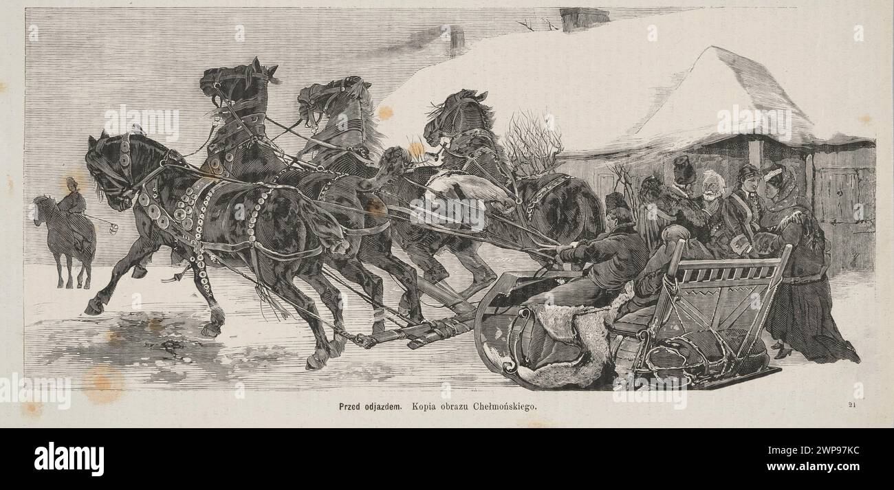 Illustrazione di Józef Chełmoński che mostra le persone che si preparano alla partenza, con bagagli, animali e un paesaggio rurale, pubblicata nel 1878. Foto Stock