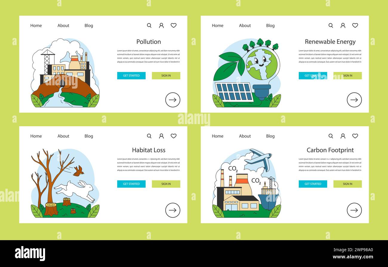Banner Web ecologici o set di landing page. Influenza umana. Inquinamento ambientale, ecotossicologia e minacce alle specie invasive. Impatto del cambiamento climatico. Illustrazione vettoriale piatta Illustrazione Vettoriale