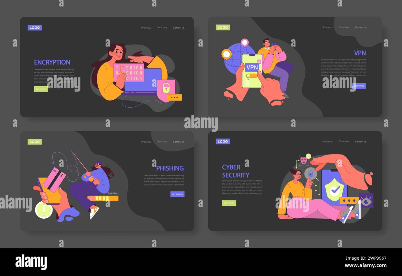 Immergiti nella modalità oscura della difesa digitale con accattivanti vettori. Evidenziando la crittografia, l'utilizzo di VPN, i pericoli del phishing e l'essenza della sicurezza informatica. Proteggete il vostro viaggio digitale. Illustrazione Vettoriale