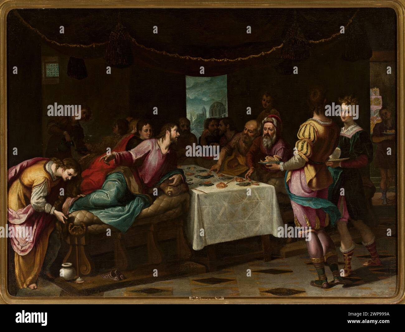 Pittura italiana dell'inizio del XVII secolo di Lodovico Cigola raffigurante Gesù Cristo e Santa Maria Maddalena a casa di Szymon, tra cui il lavaggio dei piedi e scene bibliche evangeliche. Foto Stock