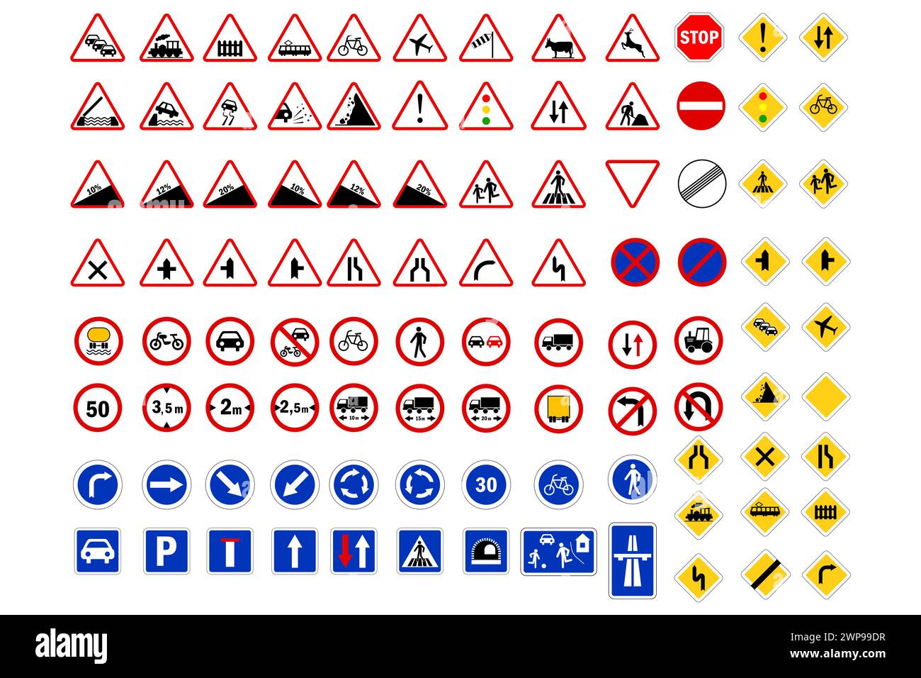 Segnali stradali prioritari. Segnali stradali proibitivi. Segnali stradali obbligatori. Norme sulla circolazione stradale. Illustrazione vettoriale. immagine stock. EPS 10. Illustrazione Vettoriale