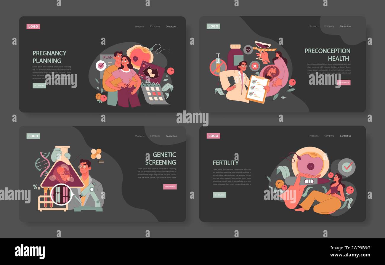 Set salute riproduttiva. Le coppie navigano nella pianificazione della gravidanza, esplorano lo screening genetico, garantiscono la salute del preconcepimento e affrontano i problemi di fertilità. Icone e simboli illustrativi. Vettore piatto. Illustrazione Vettoriale